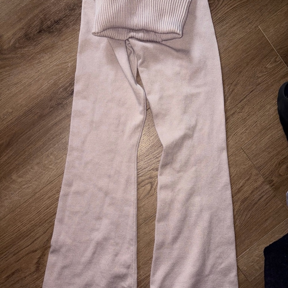 Soft Knit Wide-Leg Pants fold over  in Light Beige